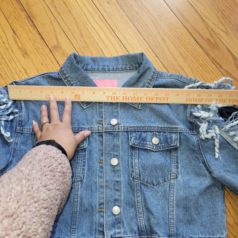 Azalea Wang Blue Denim Jacket Cropped Lace Up Sleeve Fringe Rocker Sz Large - Picture 6 of 12